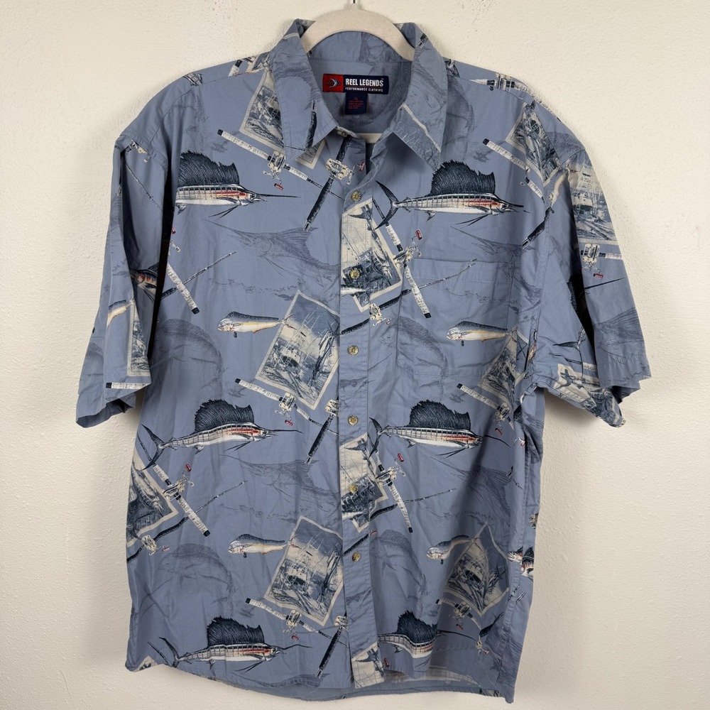 Reel Legends Mens XL Blue Fishing Graphic Short Sleeve Button Down Shirt‎ Cotton